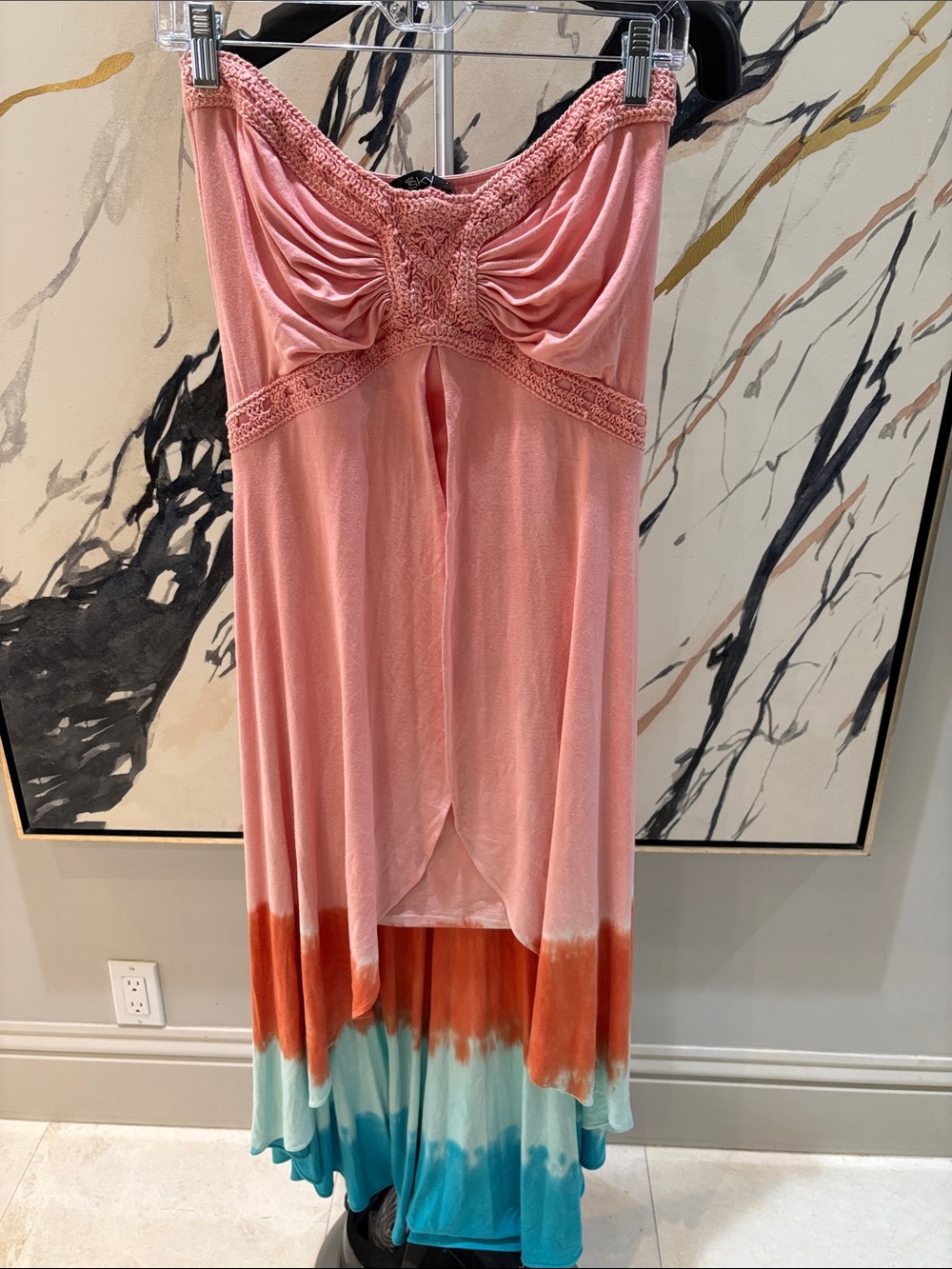 Sky Pink Strapless Dip-Dye High-Low Maxi Dress with Orange & Teal Hem